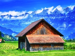 Austria, Góry, Pola, Domy, Alpy